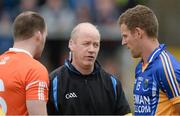 30 June 2013; Referee Derek Fahy speaks to team captains Ciaran McKeever, left, Armagh, and Paul Earls, Wicklow, before the start of the game. GAA Football All-Ireland Senior Championship, Round 1, Armagh v Wicklow, Athletic Grounds, Armagh. Picture credit: Brendan Moran / SPORTSFILE