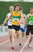 30 June 2013; Damien Landers, St. John's AC, crosses the finish line to win the U23 Men's 1500m final at the Woodie’s DIY National Junior & U23 Track and Field Championships. Tullamore Harriers, Tullamore, Co. Offaly. Picture credit: Pat Murphy / SPORTSFILE