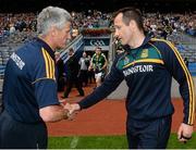 30 June 2013; Meath manager Mick O'Dowd, right, shakes hands with Wexford manager Adirian O'Brien at the end of the game. Leinster GAA Football Senior Championship, Semi-Final, Meath v Wexford, Croke Park, Dublin. Picture credit: David Maher / SPORTSFILE