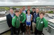 2 July 2013; In attendance at the Waterways Ireland triAthlone and Elite Junior European Cup official launch are, from left to right, Councillor Alan Shaw, elite junior athlete Kieran Jackson, Triathlon Ireland CEO Chris Kitchen, elite junior athletes Aichlinn O'Reilly, Harry Speers, (front) and Aaron O'Brien, Inspector of Navigation with Waterways Ireland Charlie Lawn, TriAthlone Chairman Liam Heavin, and elite junior athlete Constantine Doherty. Sheraton Athlone, Athlone, Co. Westmeath. Picture credit: Diarmuid Greene / SPORTSFILE