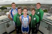 2 July 2013; In attendance at the Waterways Ireland triAthlone and Elite Junior European Cup official launch are elite junior athletes, from left to right, Aichlinn O'Reilly, Kieran Jackson, Harry Speers, Constantine Doherty and Aaron O'Brien. Sheraton Athlone, Athlone, Co. Westmeath. Picture credit: Diarmuid Greene / SPORTSFILE