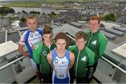 2 July 2013; In attendance at the Waterways Ireland triAthlone and Elite Junior European Cup official launch are elite junior athletes, from left to right, Aichlinn O'Reilly, Kieran Jackson, Harry Speers, Constantine Doherty and Aaron O'Brien. Sheraton Athlone, Athlone, Co. Westmeath. Picture credit: Diarmuid Greene / SPORTSFILE