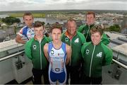 2 July 2013; In attendance at the Waterways Ireland triAthlone and Elite Junior European Cup official launch are elite junior athletes, from left to right, Aichlinn O'Reilly, Kieran Jackson, Harry Speers, Triathlon Ireland CEO Chris Kitchen, elite junior athletes Constantine Doherty and Aaron O'Brien. Sheraton Athlone, Athlone, Co. Westmeath. Picture credit: Diarmuid Greene / SPORTSFILE