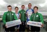 2 July 2013; In attendance at the Waterways Ireland triAthlone and Elite Junior European Cup official launch are elite junior athletes, from left to right, Kieran Jackson, Harry Speers, Aaron O'Brien, Aichlinn O'Reilly and Constantine Doherty. Sheraton Athlone, Athlone, Co. Westmeath. Picture credit: Diarmuid Greene / SPORTSFILE
