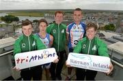 2 July 2013; In attendance at the Waterways Ireland triAthlone and Elite Junior European Cup official launch are elite junior athletes, from left to right, Kieran Jackson, Harry Speers, Aaron O'Brien, Aichlinn O'Reilly and Constantine Doherty. Sheraton Athlone, Athlone, Co. Westmeath. Picture credit: Diarmuid Greene / SPORTSFILE