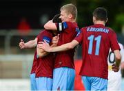 1 July 2013; Jason Marks, left, Drogheda United, is congratulated by team-mates  Derek Prendergast and Gavin Brennan, right, after scoring his side's first goal. EA Sports Cup, Quarter-Final, Drogheda United v Cork City, Hunky Dorys Park, Drogheda, Co. Louth. Photo by Sportsfile
