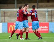1 July 2013; Alan McNally, Drogheda United, is congratulated by team-mates Gary O'Neill, left, and Gavin Brennan, right, after scoring his side's second goal. EA Sports Cup, Quarter-Final, Drogheda United v Cork City, Hunky Dorys Park, Drogheda, Co. Louth. Photo by Sportsfile