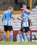 1 July 2013; Michael Duffy, 22 celebrates scoring his side's first goal with Stewart Greacen, left, and Shane McEleney, Derry City. EA Sports Cup Quarter-Final, Bohemians v Derry City, Dalymount Park, Dublin. Picture credit: Tomas Greally / SPORTSFILE