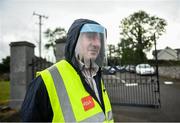 24 July 2020; Steward Jim Holland, wears a visor, prior to the Cork County Premier Senior Football Championship Group C Round 1 match between Valley Rovers and Nemo Rangers at Fr. O'Driscoll Park in Cloughduv, Cork. GAA matches continue to take place in front of a limited number of people in an effort to contain the spread of the coronavirus (Covid-19) pandemic. Photo by David Fitzgerald/Sportsfile