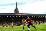 24 July 2020; Danny Grant of Bohemians in action against Karl Chambers of Longford Town during the club friendly match between Bohemians and Longford Town at Dalymount Park in Dublin. Soccer matches continue to take place in front of a limited number of people in an effort to contain the spread of the coronavirus (Covid-19) pandemic. Photo by Ramsey Cardy/Sportsfile