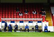 24 July 2020; A general view of the Linfield bench during the club friendly match between Shelbourne and Linfield at Tolka Park in Dublin. Soccer matches continue to take place in front of a limited number of people in an effort to contain the spread of the coronavirus (Covid-19) pandemic. Photo by Harry Murphy/Sportsfile