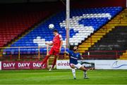 24 July 2020; Jaze Kabia of Shelbourne in action against Ethan Boyle of Linfield during the club friendly match between Shelbourne and Linfield at Tolka Park in Dublin. Soccer matches continue to take place in front of a limited number of people in an effort to contain the spread of the coronavirus (Covid-19) pandemic. Photo by Harry Murphy/Sportsfile