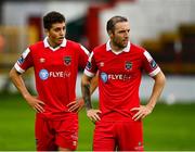 24 July 2020; Karl Sheppard, right, and Jaze Kabia of Shelbourne during the club friendly match between Shelbourne and Linfield at Tolka Park in Dublin. Soccer matches continue to take place in front of a limited number of people in an effort to contain the spread of the coronavirus (Covid-19) pandemic. Photo by Harry Murphy/Sportsfile