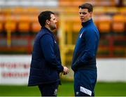 24 July 2020; Linfield manager David Healy speaks with Shelbourne manager Ian Morris prior to the club friendly match between Shelbourne and Linfield at Tolka Park in Dublin. Soccer matches continue to take place in front of a limited number of people in an effort to contain the spread of the coronavirus (Covid-19) pandemic. Photo by Harry Murphy/Sportsfile