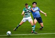 25 July 2020; Liam Kerrigan of UCD in action against Max Murphy of Shamrock Rovers during the club friendly between Shamrock Rovers and UCD at Tallaght Stadium in Dublin. Soccer matches continue to take place in front of a limited number of people in an effort to contain the spread of the Coronavirus (COVID-19) pandemic. Photo by Eóin Noonan/Sportsfile