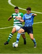 25 July 2020; Colm Whelan of UCD in action against Sean Callan of Shamrock Rovers during the club friendly between Shamrock Rovers and UCD at Tallaght Stadium in Dublin. Soccer matches continue to take place in front of a limited number of people in an effort to contain the spread of the Coronavirus (COVID-19) pandemic. Photo by Eóin Noonan/Sportsfile
