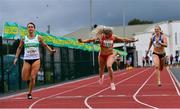 25 July 2020; Sarah Quinn St Colman's, South Mayo AC, centre, wins the Women's 200m event ahead of second place Sophie Becker of St Joseph's AC, Kilkenny, left, and third place Sarah McCarthy of Mid Sutton AC, Dublin, during the Summer Games Athletics Meet at Moyne AC in Tipperary. Photo by Piaras Ó Mídheach/Sportsfile