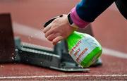 25 July 2020; The starting blocks are sprayed with sanitiser during the Summer Games Athletics Meet at Moyne AC in Tipperary. Photo by Piaras Ó Mídheach/Sportsfile