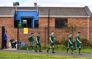 26 July 2020; The Usher Celtic team make their way to the pitch ahead of the FAI New Balance Junior Cup Quarter-Final match between Usher Celtic and Gorey Rangers at Grangegorman IT in Dublin. Competitive Soccer matches have been approved to return following the guidelines of Phase 3 of the Irish Government’s Roadmap for Reopening of Society and Business and protocols set down by the Soccer governing authorities. With games having been suspended since March, competitive games can take place with updated protocols including a limit of 200 individuals at any one outdoor event, including players, officials and a limited number of spectators, with social distancing, hand sanitisation and face masks being worn by those in attendance among other measures in an effort to contain the spread of the Coronavirus (COVID-19). Photo by Sam Barnes/Sportsfile