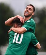 26 July 2020; Jordan Buckley of Usher Celtic, right, celebrates after scoring his side's second goal with team-mate Stephen Donnolly during the FAI New Balance Junior Cup Quarter-Final match between Usher Celtic and Gorey Rangers at Grangegorman IT in Dublin. Competitive Soccer matches have been approved to return following the guidelines of Phase 3 of the Irish Government’s Roadmap for Reopening of Society and Business and protocols set down by the Soccer governing authorities. With games having been suspended since March, competitive games can take place with updated protocols including a limit of 200 individuals at any one outdoor event, including players, officials and a limited number of spectators, with social distancing, hand sanitisation and face masks being worn by those in attendance among other measures in an effort to contain the spread of the Coronavirus (COVID-19). Photo by Sam Barnes/Sportsfile