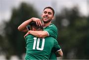 26 July 2020; Jordan Buckley of Usher Celtic, right, celebrates after scoring his side's second goal with team-mate Stephen Donnolly during the FAI New Balance Junior Cup Quarter-Final match between Usher Celtic and Gorey Rangers at Grangegorman IT in Dublin. Competitive Soccer matches have been approved to return following the guidelines of Phase 3 of the Irish Government’s Roadmap for Reopening of Society and Business and protocols set down by the Soccer governing authorities. With games having been suspended since March, competitive games can take place with updated protocols including a limit of 200 individuals at any one outdoor event, including players, officials and a limited number of spectators, with social distancing, hand sanitisation and face masks being worn by those in attendance among other measures in an effort to contain the spread of the Coronavirus (COVID-19). Photo by Sam Barnes/Sportsfile