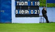 26 July 2020; Scoreboard keeper Noel Tomlinson looks on during the closing moments of the game, as the scoreboard displays the full-time score Toomevara 1-18 to Borris-Ileigh 0-21, a draw, during the Tipperary County Senior Hurling Championship Group 4 Round 1 match between Toomevara and Borris-Ileigh at McDonagh Park in Nenagh, Tipperary. GAA matches continue to take place in front of a limited number of people in an effort to contain the spread of the Coronavirus (COVID-19) pandemic. Photo by Piaras Ó Mídheach/Sportsfile