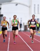 25 July 2020; Katie Bergin of Moyne AC, Tipperary, centre, and Emily Wall of Leevale AC, Cork, left, and Sinead Hunt of Lios Tuathaill AC, Kerry, competing in the Womens 100m event during the Summer Games Athletics Meet at Moyne AC in Tipperary. Photo by Piaras Ó Mídheach/Sportsfile