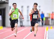 25 July 2020; Dion Marcos of An Ríocht AC, Kerry, left, and Michael Deady of Menapians AC, Wexford, competing in the Senior Mens 100m event during the Summer Games Athletics Meet at Moyne AC in Tipperary. Photo by Piaras Ó Mídheach/Sportsfile