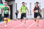 25 July 2020; Athletes, from left, Liam Meade of Templemore AC, Tipperary, Dion Marcos of An Ríocht AC, Kerry, and Michael Deady of Menapians AC, Wexford, competing in the Senior Mens 100m event during the Summer Games Athletics Meet at Moyne AC in Tipperary. Photo by Piaras Ó Mídheach/Sportsfile