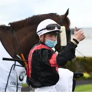 28 July 2020; Jockey Gavin Ryan with Saltonstall in the winner's enclosure after victory in the COLM QUINN BMW Mile Handicap on day two of the Galway Summer Racing Festival at Ballybrit Racecourse in Galway. Horse racing remains behind closed doors to the public under guidelines of the Irish Government in an effort to contain the spread of the Coronavirus (COVID-19) pandemic. Photo by Harry Murphy/Sportsfile