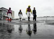29 July 2020; Jockeys walk to the parade ring prior to the Play The Tote Jackpot Novice Hurdle on day three of the Galway Summer Racing Festival at Ballybrit Racecourse in Galway. Horse racing remains behind closed doors to the public under guidelines of the Irish Government in an effort to contain the spread of the Coronavirus (COVID-19) pandemic.  Photo by Harry Murphy/Sportsfile