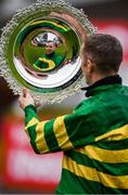 29 July 2020; Jockey Mark Walsh lifts the Galway Plate after winning the Tote Galway Plate on Early Doors on day three of the Galway Summer Racing Festival at Ballybrit Racecourse in Galway. Horse racing remains behind closed doors to the public under guidelines of the Irish Government in an effort to contain the spread of the Coronavirus (COVID-19) pandemic. Photo by Harry Murphy/Sportsfile