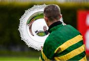 29 July 2020; Jockey Mark Walsh lifts the Galway Plate after winning the Tote Galway Plate on Early Doors on day three of the Galway Summer Racing Festival at Ballybrit Racecourse in Galway. Horse racing remains behind closed doors to the public under guidelines of the Irish Government in an effort to contain the spread of the Coronavirus (COVID-19) pandemic. Photo by Harry Murphy/Sportsfile