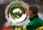 29 July 2020; Jockey Mark Walsh lifts the Galway Plate after winning the Tote Galway Plate on Early Doors on day three of the Galway Summer Racing Festival at Ballybrit Racecourse in Galway. Horse racing remains behind closed doors to the public under guidelines of the Irish Government in an effort to contain the spread of the Coronavirus (COVID-19) pandemic. Photo by Harry Murphy/Sportsfile