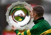 29 July 2020; Jockey Mark Walsh lifts the Galway Plate after winning the Tote Galway Plate (Handicap Steeplechase) (Grade A), on Early Doors, on day three of the Galway Summer Racing Festival at Ballybrit Racecourse in Galway. Horse racing remains behind closed doors to the public under guidelines of the Irish Government in an effort to contain the spread of the Coronavirus (COVID-19) pandemic. Photo by Harry Murphy/Sportsfile