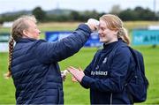 30 July 2020; Aoife Wafer has her temperature checked by coach Samantha Wafer before a Leinster U18 Girls Squad Training session at Cill Dara RFC in Kildare. Photo by Piaras Ó Mídheach/Sportsfile