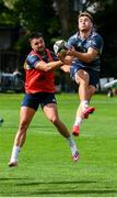 30 July 2020; Jordan Larmour in action against Cian Kelleher during Leinster Rugby squad training at UCD in Dublin. Professional rugby continues its return in a phased manner, having been suspended since March due to the Irish Government's efforts to contain the spread of the Coronavirus (COVID-19) pandemic. Having had zero positive results from the latest round of PCR testing, the Leinster Rugby players and staff have been cleared to enter the next phase of their return to rugby today which includes a graduated return to contact training. Photo by Conor Sharkey for Leinster Rugby via Sportsfile