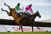 30 July 2020; Russian Diamond, with David Mullins up, left, falls at the fourth fence, alongside Scheu Time, with Gearoid Brouder up, who finished fifth, during the Rockshore Novice Steeplechase on day four of the Galway Summer Racing Festival at Ballybrit Racecourse in Galway. Horse racing remains behind closed doors to the public under guidelines of the Irish Government in an effort to contain the spread of the Coronavirus (COVID-19) pandemic. Photo by Harry Murphy/Sportsfile