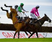 30 July 2020; Russian Diamond, with David Mullins up, left, falls at the fourth fence, alongside Scheu Time, with Gearoid Brouder up, who finished fifth, during the Rockshore Novice Steeplechase on day four of the Galway Summer Racing Festival at Ballybrit Racecourse in Galway. Horse racing remains behind closed doors to the public under guidelines of the Irish Government in an effort to contain the spread of the Coronavirus (COVID-19) pandemic. Photo by Harry Murphy/Sportsfile