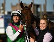 30 July 2020; Jockey Patrick Mullins celebrates with handler Rachel Boyd after victory in the Guinness Galway Hurdle Handicap on Aramon during day four of the Galway Summer Racing Festival at Ballybrit Racecourse in Galway. Horse racing remains behind closed doors to the public under guidelines of the Irish Government in an effort to contain the spread of the Coronavirus (COVID-19) pandemic. Photo by Harry Murphy/Sportsfile