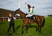 30 July 2020; Jockey Patrick Mullins celebrates with handler Rachel Boyd after victory in the Guinness Galway Hurdle Handicap on Aramon during day four of the Galway Summer Racing Festival at Ballybrit Racecourse in Galway. Horse racing remains behind closed doors to the public under guidelines of the Irish Government in an effort to contain the spread of the Coronavirus (COVID-19) pandemic. Photo by Harry Murphy/Sportsfile