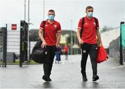 31 July 2020; Conor Clifford, left, and Joe Thomson of Derry City arrive prior to during the SSE Airtricity League Premier Division match between Derry City and Sligo Rovers at the Ryan McBride Brandywell Stadium in Derry. The SSE Airtricity League Premier Division made its return today after 146 days in lockdown but behind closed doors due to the ongoing Coronavirus restrictions. Photo by Seb Daly/Sportsfile