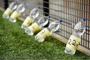 31 July 2020; A view of individual player's bottles of water showing their squad number prior to the SSE Airtricity League Premier Division match between Derry City and Sligo Rovers at the Ryan McBride Brandywell Stadium in Derry. The SSE Airtricity League Premier Division made its return today after 146 days in lockdown but behind closed doors due to the ongoing Coronavirus restrictions. Photo by Seb Daly/Sportsfile