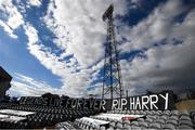 31 July 2020; Flags at Oriel Park in tribute to the late Dundalk groundsman and videographer Harry Taaffe prior to the SSE Airtricity League Premier Division match between Dundalk and St Patrick's Athletic at Oriel Park in Dundalk, Louth. The SSE Airtricity League Premier Division made its return today after 146 days in lockdown but behind closed doors due to the ongoing Coronavirus restrictions. Photo by Stephen McCarthy/Sportsfile