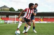 31 July 2020; Walter Figueira of Derry City in action against Kyle Callan-McFadden of Sligo Rovers during the SSE Airtricity League Premier Division match between Derry City and Sligo Rovers at the Ryan McBride Brandywell Stadium in Derry. The SSE Airtricity League Premier Division made its return today after 146 days in lockdown but behind closed doors due to the ongoing Coronavirus restrictions. Photo by Seb Daly/Sportsfile