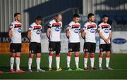 31 July 2020; Dundalk players observe a minute’s silence in tribute to the late Dundalk groundsman and videographer Harry Taaffe prior to the SSE Airtricity League Premier Division match between Dundalk and St Patrick's Athletic at Oriel Park in Dundalk, Louth. The SSE Airtricity League Premier Division made its return today after 146 days in lockdown but behind closed doors due to the ongoing Coronavirus restrictions. Photo by Stephen McCarthy/Sportsfile