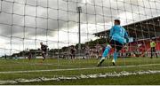 31 July 2020; Ronan Coughlan of Sligo Rovers shoots to score his side's second goal from the penalty spot, past Peter Cherrie of Derry City, during the SSE Airtricity League Premier Division match between Derry City and Sligo Rovers at the Ryan McBride Brandywell Stadium in Derry. The SSE Airtricity League Premier Division made its return today after 146 days in lockdown but behind closed doors due to the ongoing Coronavirus restrictions. Photo by Seb Daly/Sportsfile