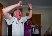 31 July 2020; Former Dundalk co-owner Paul Brown celebrates after Patrick Hoban of Dundalk scored his side's first goal as he watches his side's SSE Airtricity League Premier Division match against St Patrick's Athletic at his home in Dundalk, Louth. The match was played behind closed doors due to the ongoing COVID-19 pandemic. Photo by Ben McShane/Sportsfile