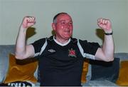 31 July 2020; Dundalk supporter Donal Sweeney celebrates after Patrick Hoban of Dundalk scored his side's first goal as he watches his side's SSE Airtricity League Premier Division match against St Patrick's Athletic at the home of former Dundalk co-owner Paul Brown in Dundalk, Louth. The match was played behind closed doors due to the ongoing COVID-19 pandemic. Photo by Ben McShane/Sportsfile