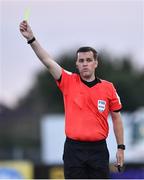31 July 2020; Referee Robert Harvey issues a yellow card to Rory Feely of St Patrick's Athletic during the SSE Airtricity League Premier Division match between Dundalk and St Patrick's Athletic at Oriel Park in Dundalk, Louth. The SSE Airtricity League Premier Division made its return today after 146 days in lockdown but behind closed doors due to the ongoing Coronavirus restrictions. Photo by Piaras Ó Mídheach/Sportsfile